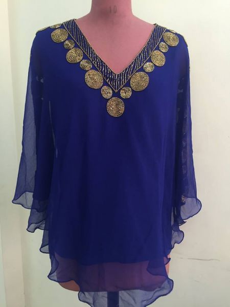 KAFTAN INDIANO BORDADO GOLA V- GEOMÉTRICO-AZUL ROYAL